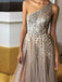 sexy one shoulder a-line sequins evening dress with beads long split prom dress dtp294