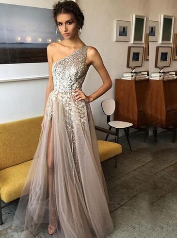 Sexy One Shoulder A Line Sequins Evening Dress With Beads Long Split Prom Dress