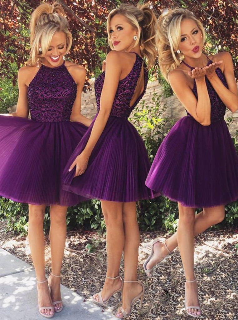 purple short prom dress a-line tulle beading homecoming dress dtp242