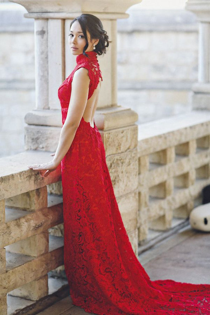 elegant high neck sheath red lace prom dress open back formal evening dress dtp773