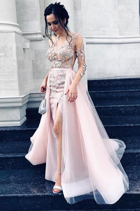 Overskirt Tulle Prom Dress Jewel Long Sleeves with Appliques Split Sheath Evening Dresses