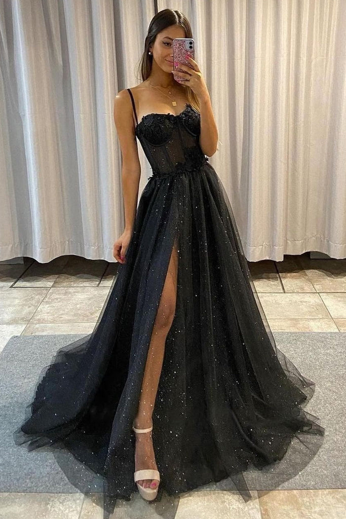 A-line Spaghetti Straps Split Sequined With Appliques Sleeveless Prom Dresses