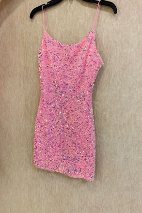 Pink Glitter Spaghetti Strap Bodycon Grad Dress, Sparkly Short Homecoming Dress
