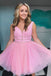 Lavender A-line V Neck Short Prom Dresses, Graduation Homecoming Dress With Beading