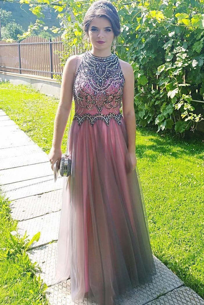 High Neck Tulle Beaded Bodice Long Prom Dress With Keyhole Back