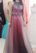 High Neck Tulle Beaded Bodice Long Prom Dress With Keyhole Back