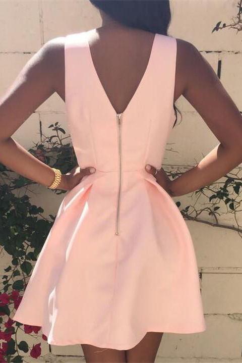 Simple V Neck Pink Short Prom Dress, Pink V Neck Homecoming Dress,