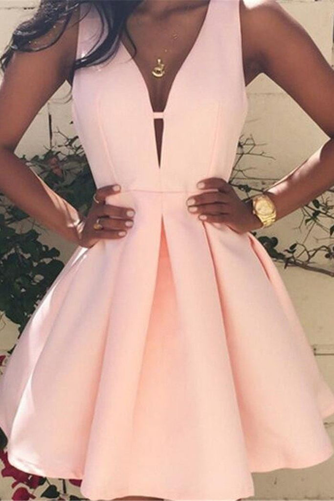 pink v neck homecoming dress simple v neck pink short prom dress dth14