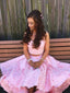 Pink Spaghetti-straps V-Neck Applique Two Piece Hi-Lo Homecoming Dresses