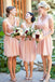 Pink Chiffon Pleated Bridesmaid Dresses A-Line V-Neck Knee-Length