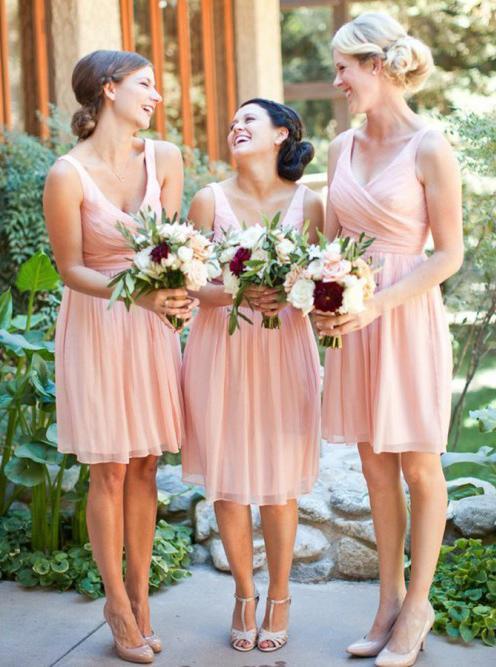 pink chiffon pleated bridesmaid dresses a-line v-neck knee-length dtb62