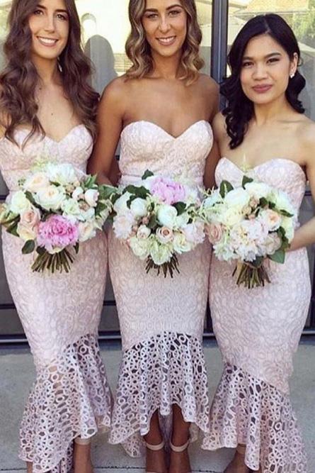 Pink High-Low Mermaid Lace Bridesmaid Dresses Asymmetric Party Dresses