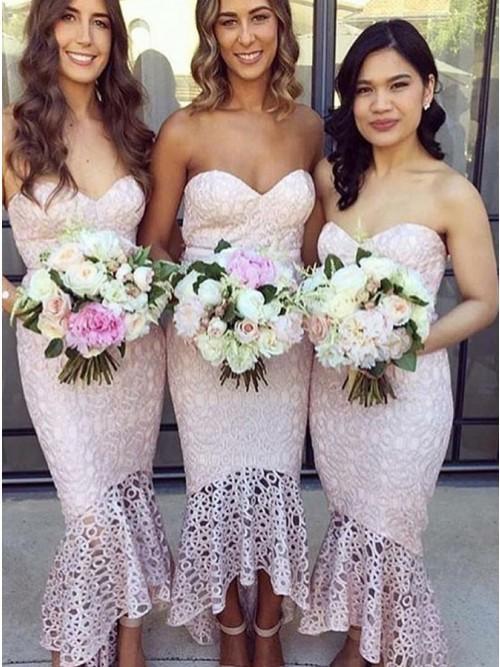 pink high-low mermaid lace bridesmaid dresses asymmetric party dresses dtb46