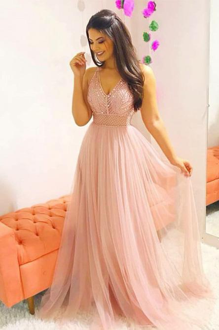 Pink Long Prom Dress A-Line V-Neck Teens Dress with Beading