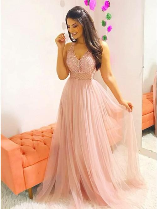pink long prom dress a-line v-neck teens dress with beading dtp440