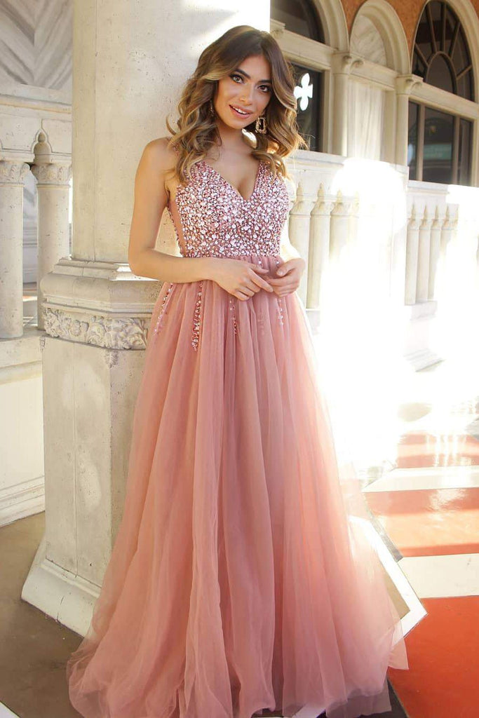 Dusty Pink Long Prom Dresses Elegant Beaded Bodice Evening Gown DTP497 DressTok.co.uk Dusty Pink Long Prom Dresses Elegant Beaded Bodice Evening Gown DTP497 DressTok.co.uk