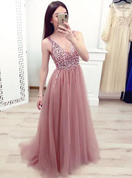 Dusty Pink Long Prom Dresses Elegant Beaded Bodice Evening Gown