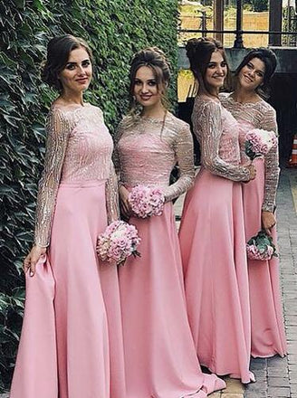 pink long sleeves off-the-shoulder satin bridesmaid dresses dtb55