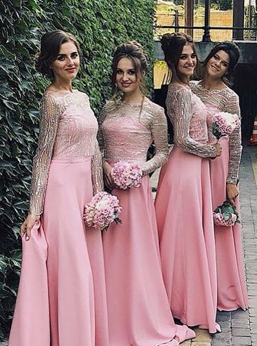Pink Long Sleeves Off-the-shoulder Satin Bridesmaid Dresses DTB55 DressTok.co.uk Pink Long Sleeves Off-the-shoulder Satin Bridesmaid Dresses DTB55 DressTok.co.uk