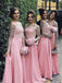pink long sleeves off-the-shoulder satin bridesmaid dresses dtb55