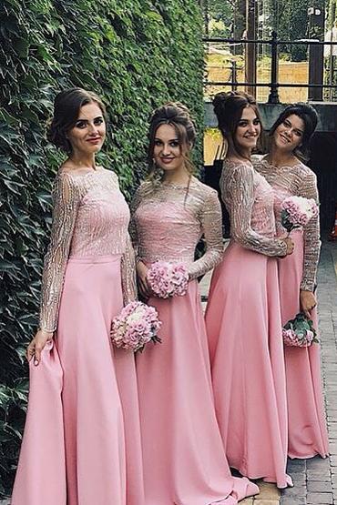 Pink Long Sleeves Off the shoulder Satin Bridesmaid Dresses DTB55 DressTok