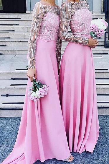 Pink Long Sleeves Off the shoulder Satin Bridesmaid Dresses DTB55