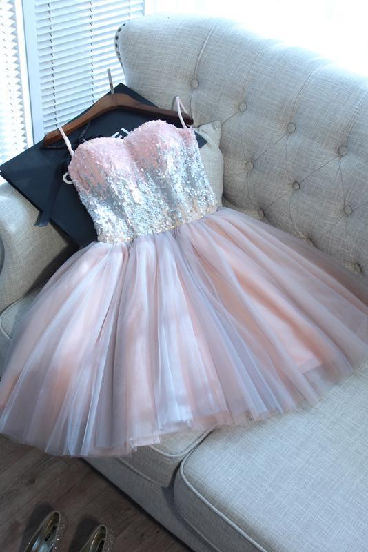 pink mini sweet 16 dress cute sequins short prom graduation gown dth167