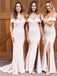 pink off-the-shoulder mermaid simple bridesmaid dress with split dtb57
