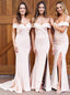 Pink Off-the-Shoulder Mermaid Simple Bridesmaid Dress with Split
