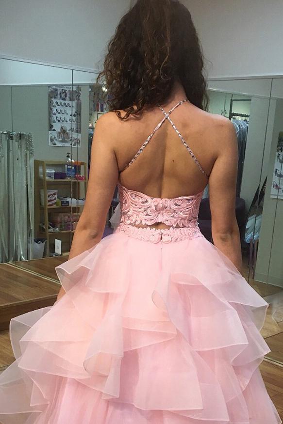 Pink Prom Dress With Lace Bodice, Two Piece Sweet 16 Ball Gown With Ruffled