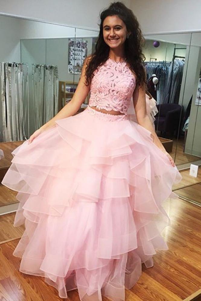 two piece sweet 16 ball gown with ruffled pink prom dress with lace bodice dtp643