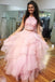 two piece sweet 16 ball gown with ruffled pink prom dress with lace bodice dtp643
