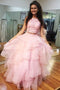 Pink Prom Dress With Lace Bodice, Two Piece Sweet 16 Ball Gown With Ruffled