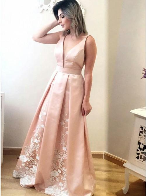 a-line v-neck pleated satin long prom dress with appliques dtp240