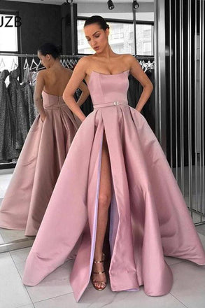 pink strapless prom dress a-line long formal gown with high slit dtp469