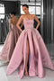 Pink Strapless Prom Dress A Line Long Formal Gown With High Slit