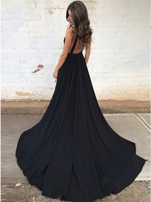 sexy a-line plunging neckline backless black prom dress with pockets dtp214