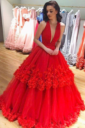 red ball gown plunging neckline handmade flowers prom dress dtp156