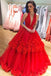 red ball gown plunging neckline handmade flowers prom dress dtp156