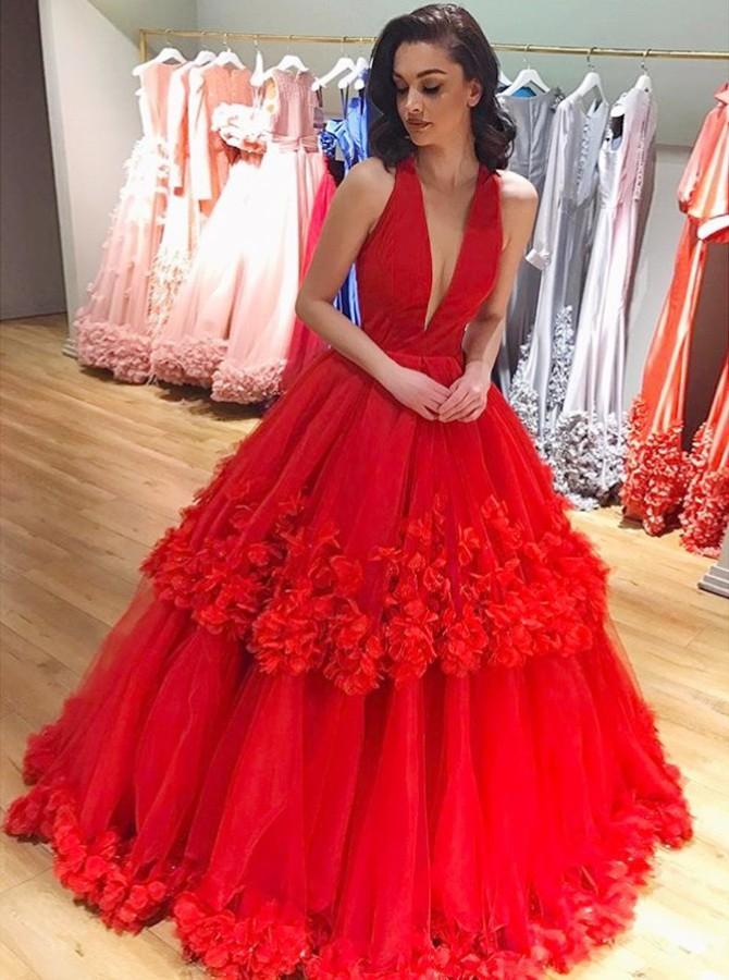 red ball gown plunging neckline handmade flowers prom dress dtp156