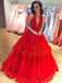 red ball gown plunging neckline handmade flowers prom dress dtp156