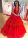 plunging neckline red ball gown tulle prom dresses with applique dtp86
