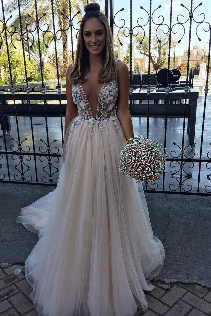 plunging neckline tulle wedding dress a-line v-neck with appliques dtw106