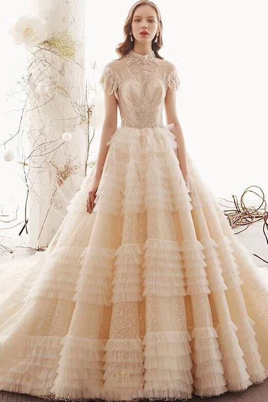 layered wedding dress uk Modest High Neck Lace Bodice Layered Organza Wedding Dress