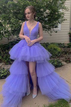 Princess High Low Prom Dress Purple Tulle Tiered Sweet 16 Dress DTP1097
