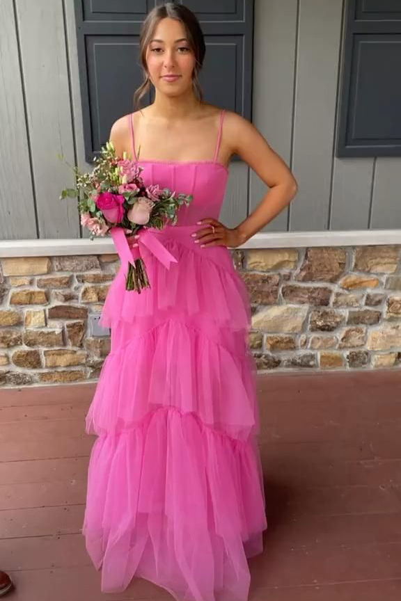 Hot Pink Long Prom Dresses Princess Tulle, Tiered Formal Dress In Pink