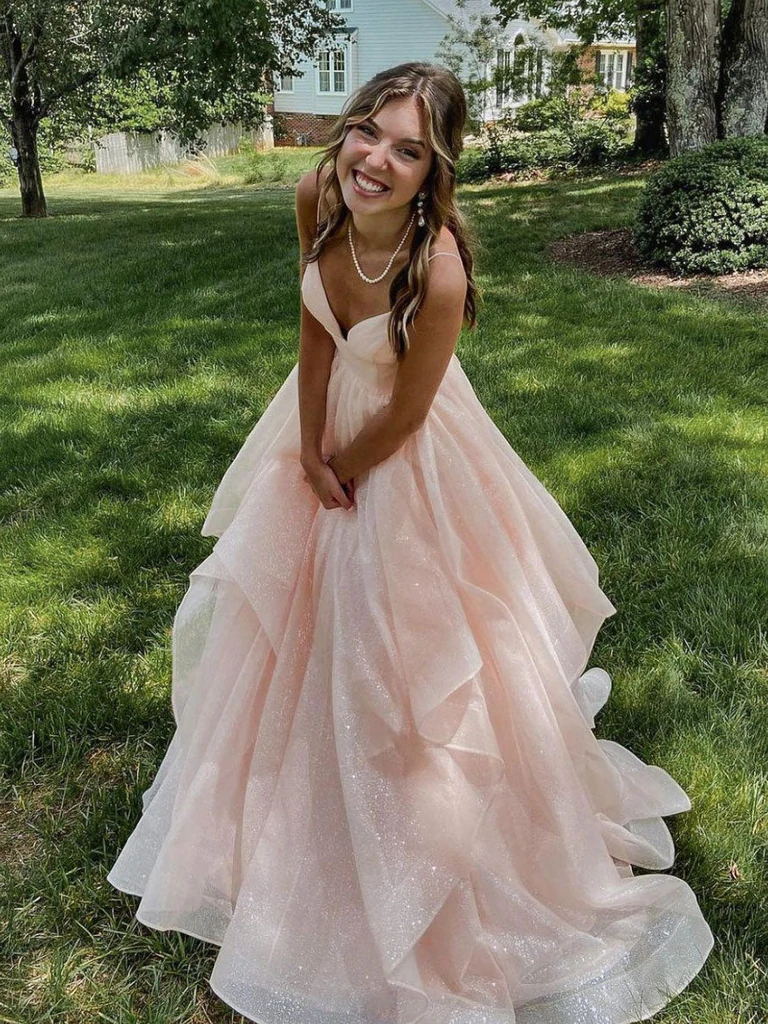 Princess Sparkly Tulle Prom Graduation Dress, Pink Tulle Sweet 16 Dress