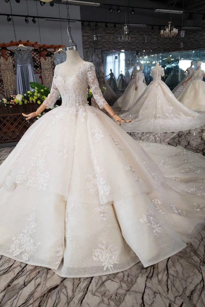 Princess Sheer Neckline Appliques Wedding Dress with 3/4 Sleeves