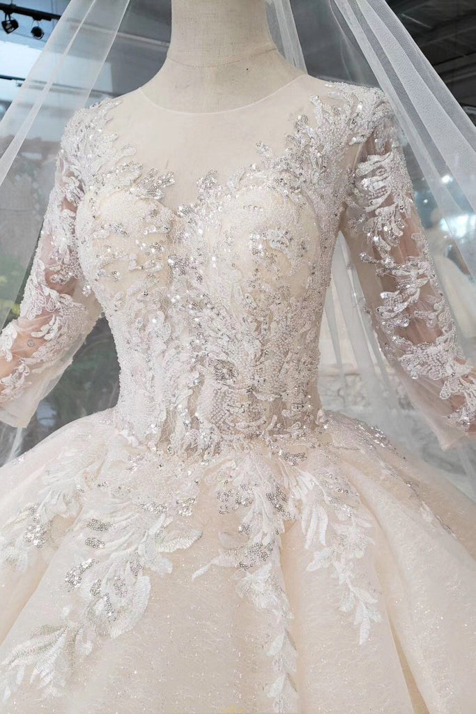 Princess Sheer Neckline Appliques Wedding Dress with 3/4 Sleeves