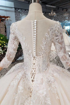 Princess Sheer Neckline Appliques Wedding Dress with 3/4 Sleeves
